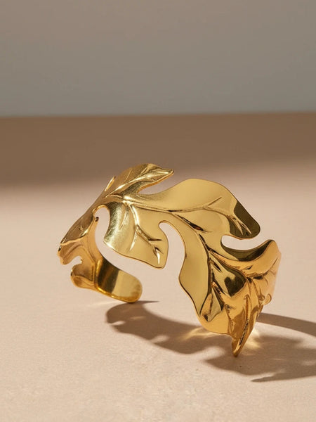 Golden leaf big cuff bracelet for women
