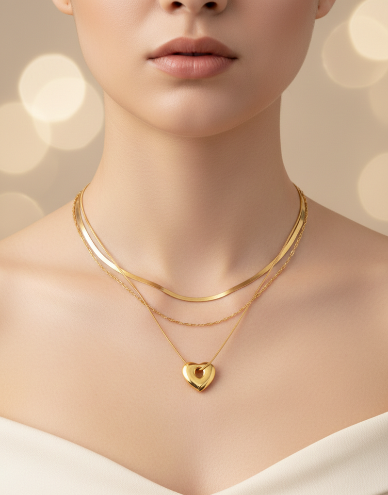 Triple Glow Heart Layered Chain On Model