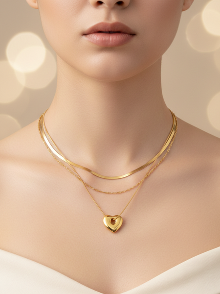 Triple Glow Heart Layered Chain On Model