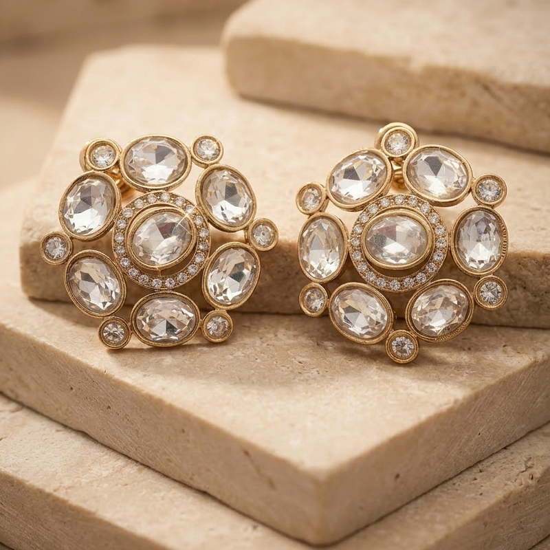 Gold-Tone Stone Studded Statement Earrings for Women