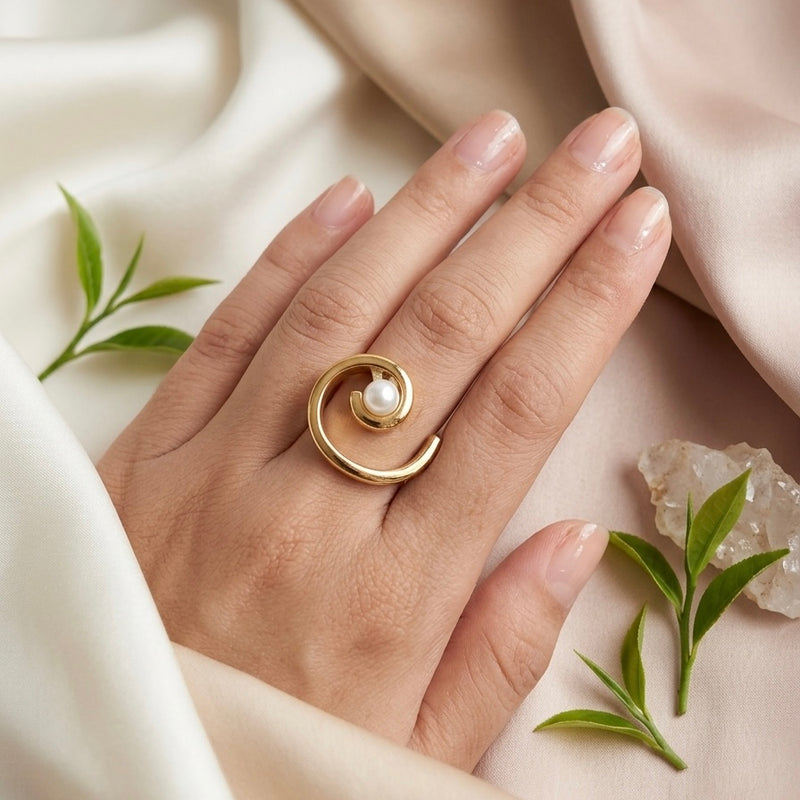 Golden Pearl Spiral Stainless Steel Statement Ring