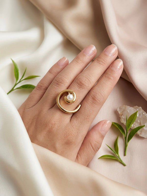 Golden Pearl Spiral Stainless Steel Statement Ring