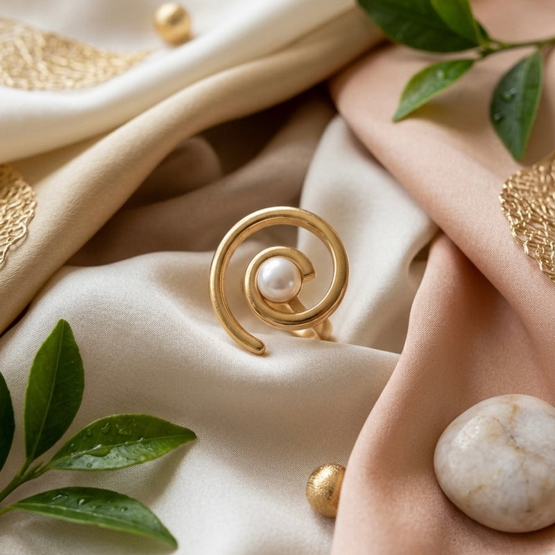 Golden Pearl Spiral Stainless Steel Statement Ring