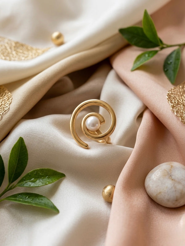 Golden Pearl Spiral Stainless Steel Statement Ring