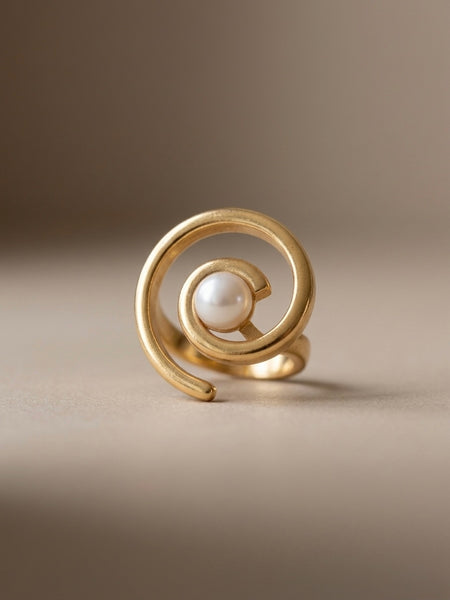 Golden Pearl Spiral Stainless Steel Statement Ring