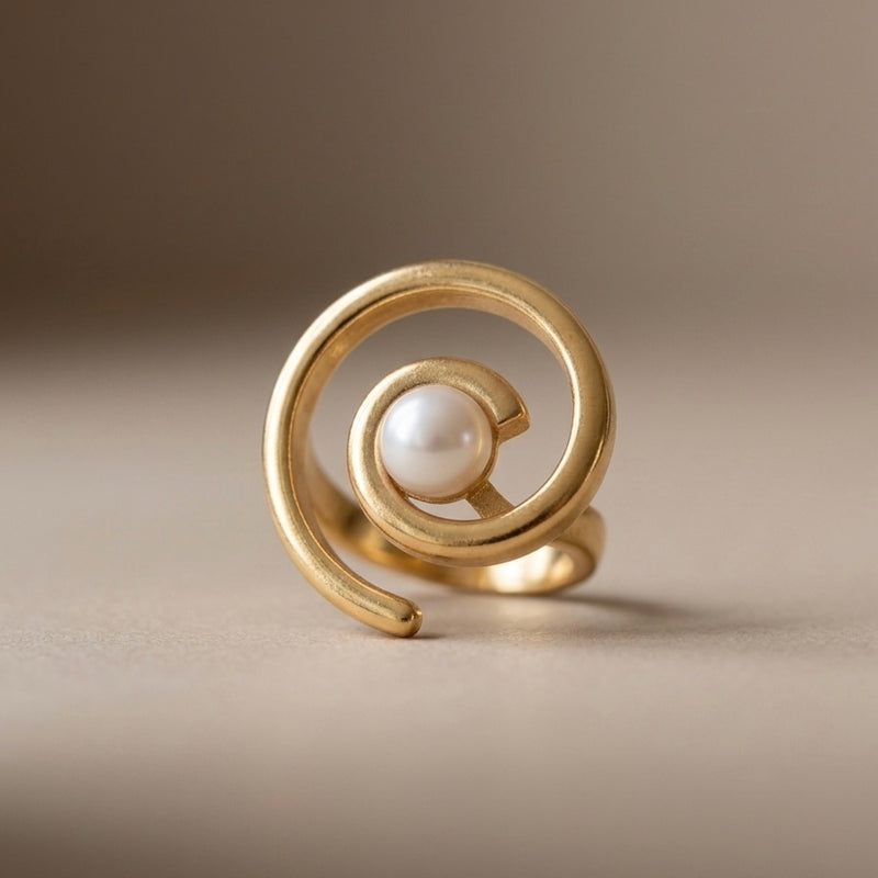 Golden Pearl Spiral Stainless Steel Statement Ring