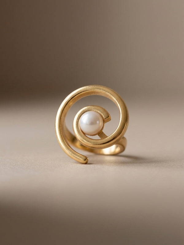Golden Pearl Spiral Stainless Steel Statement Ring