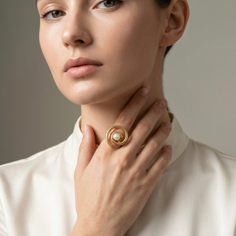 Golden Pearl Spiral Stainless Steel Statement Ring