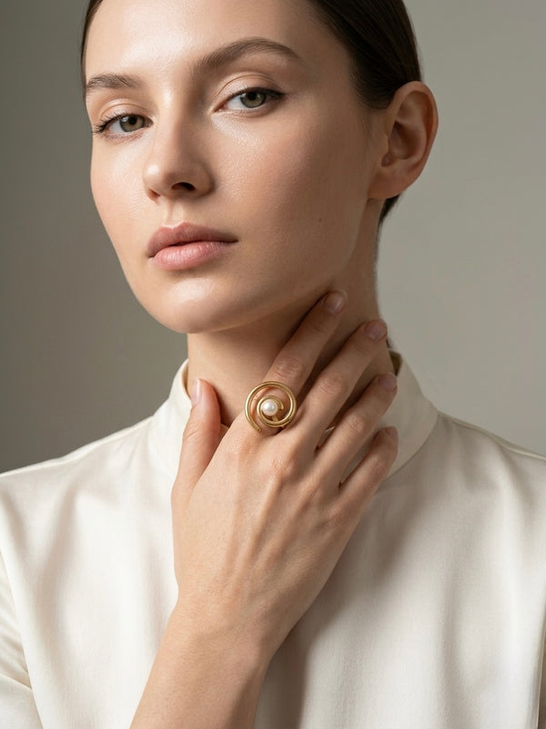Golden Pearl Spiral Stainless Steel Statement Ring