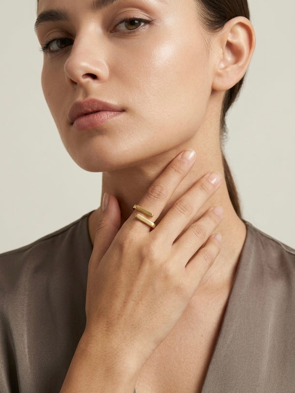 Golden Dual Bar Cuff Stainless Steel Ring for Women