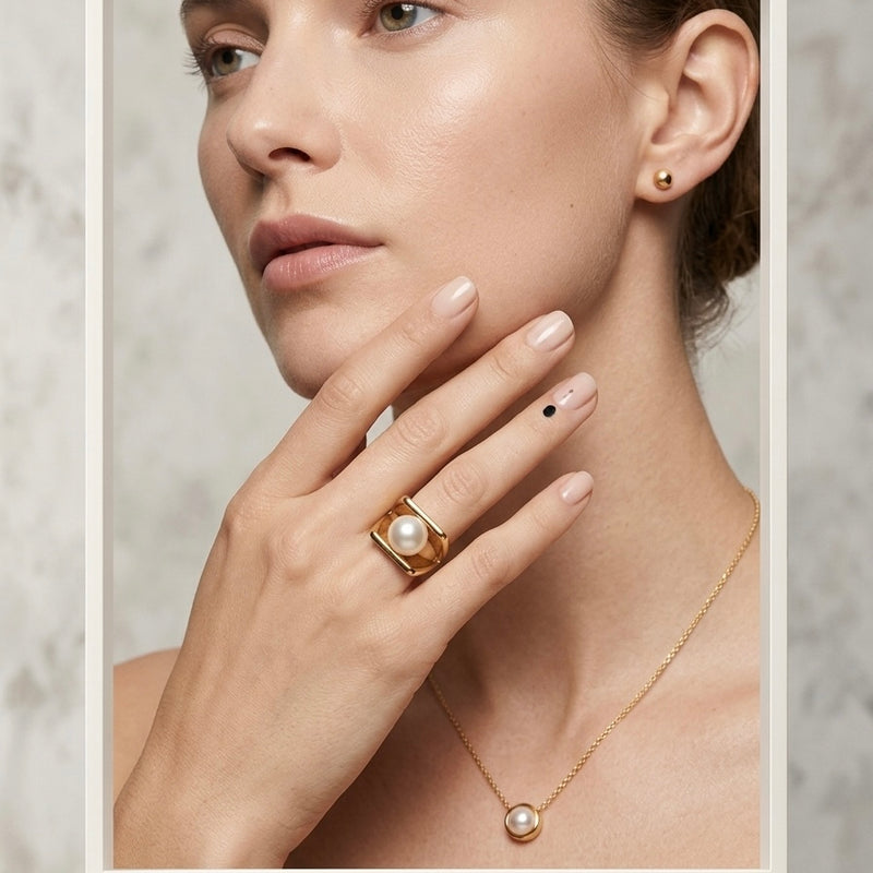 Golden Pearl Framed Stainless Steel Statement Ring