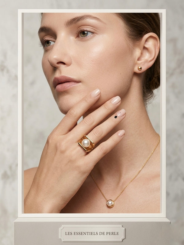 Golden Pearl Framed Stainless Steel Statement Ring