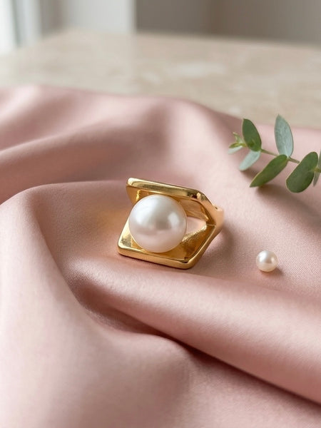 Golden Pearl Framed Stainless Steel Statement Ring