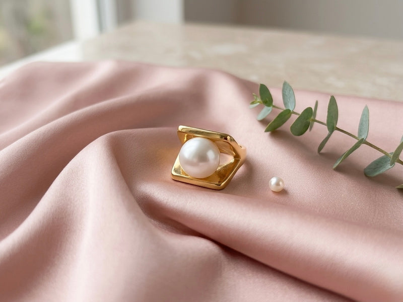 Golden Pearl Framed Stainless Steel Statement Ring