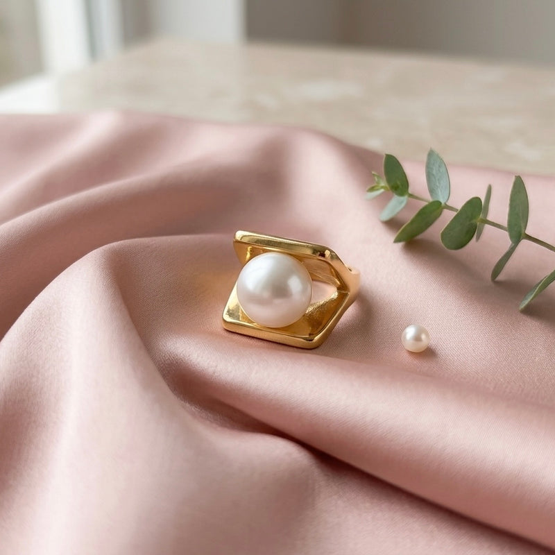 Golden Pearl Framed Stainless Steel Statement Ring