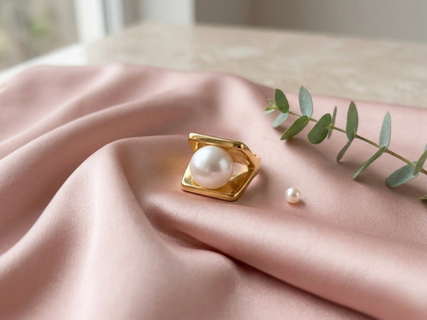 Golden Pearl Framed Stainless Steel Statement Ring