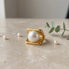 Golden Pearl Framed Stainless Steel Statement Ring