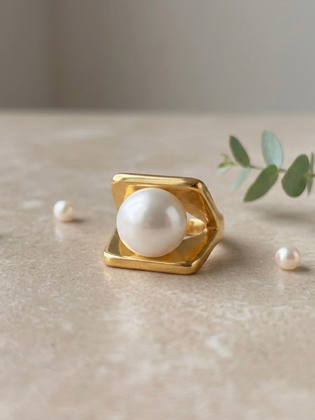 Golden Pearl Framed Stainless Steel Statement Ring