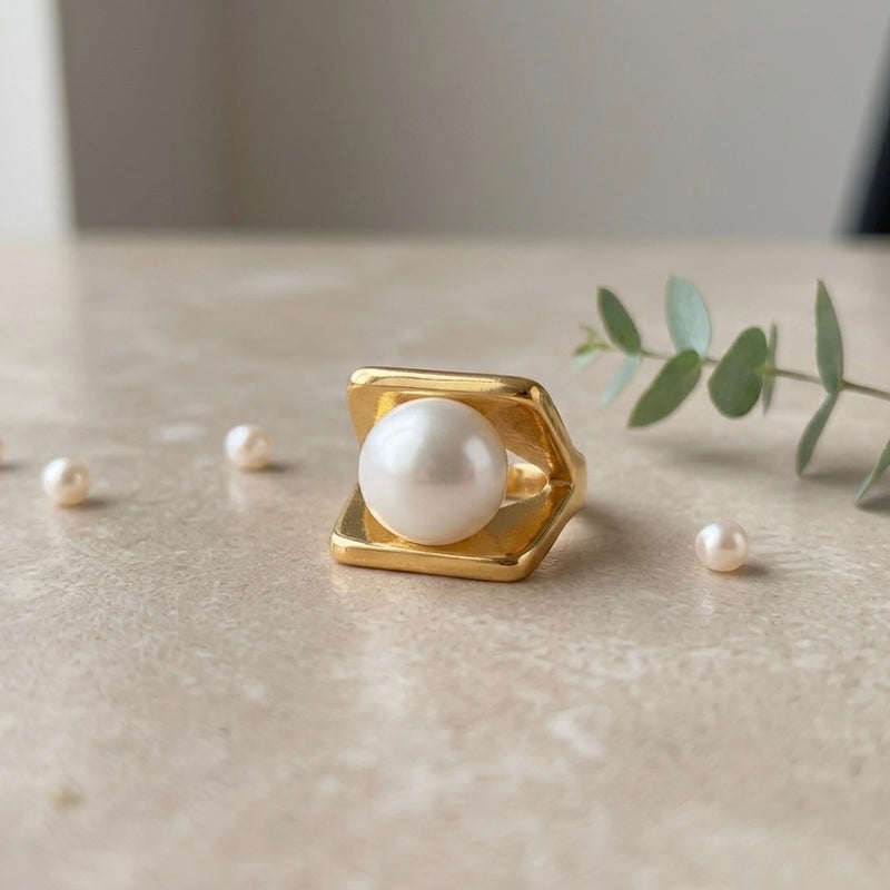 Golden Pearl Framed Stainless Steel Statement Ring