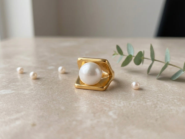 Golden Pearl Framed Stainless Steel Statement Ring