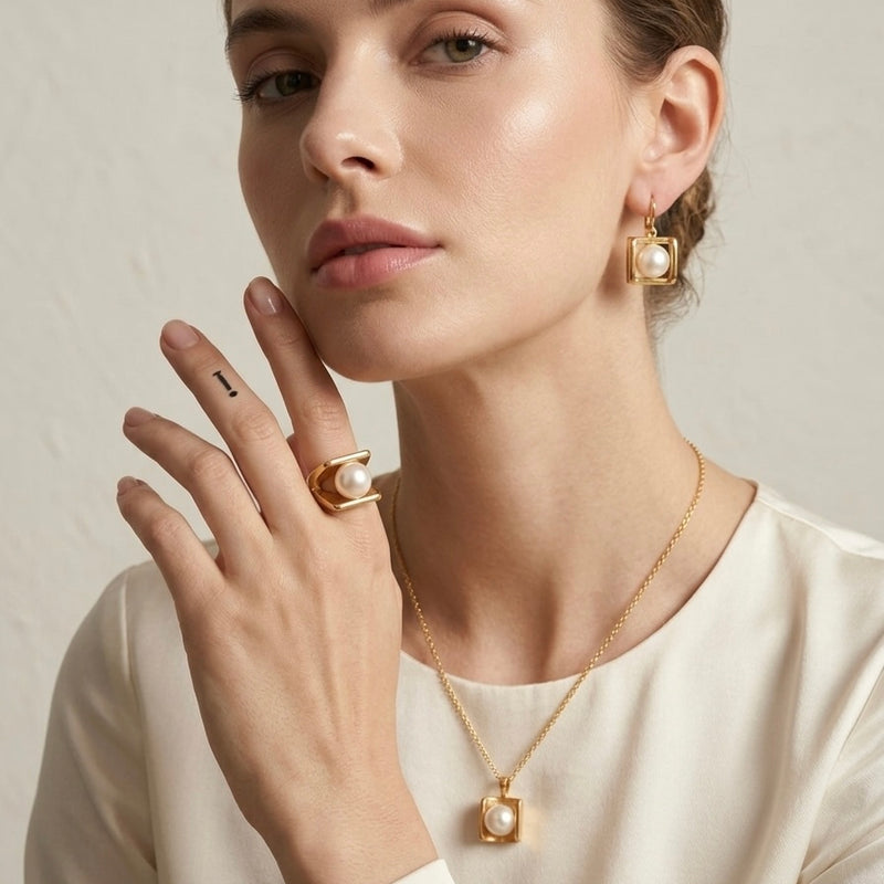 Golden Pearl Framed Stainless Steel Statement Ring