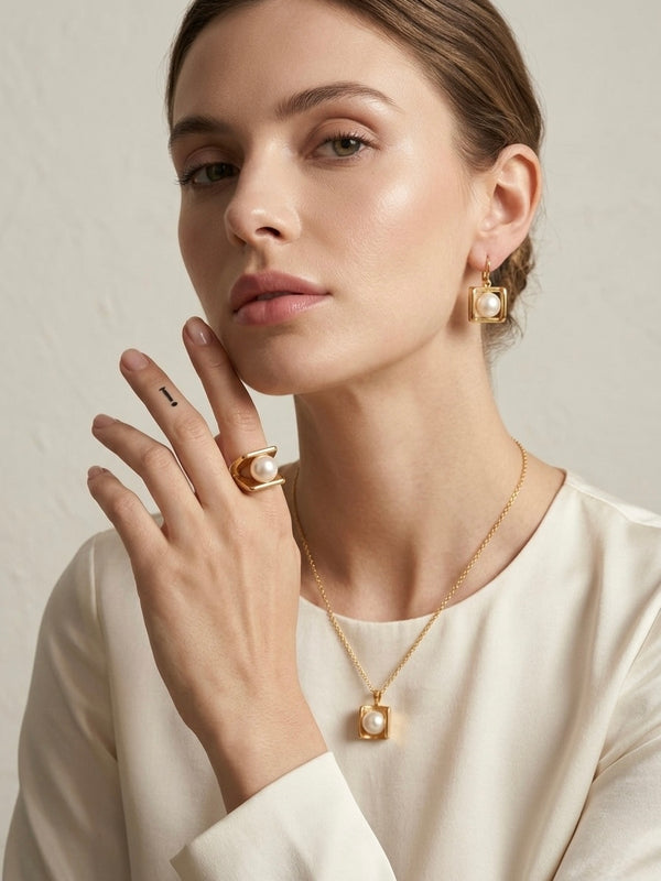 Golden Pearl Framed Stainless Steel Statement Ring