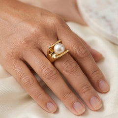 Golden Pearl Framed Stainless Steel Statement Ring