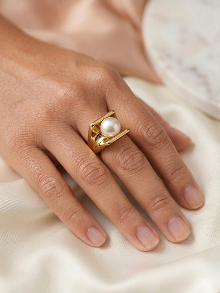 Golden Pearl Framed Stainless Steel Statement Ring