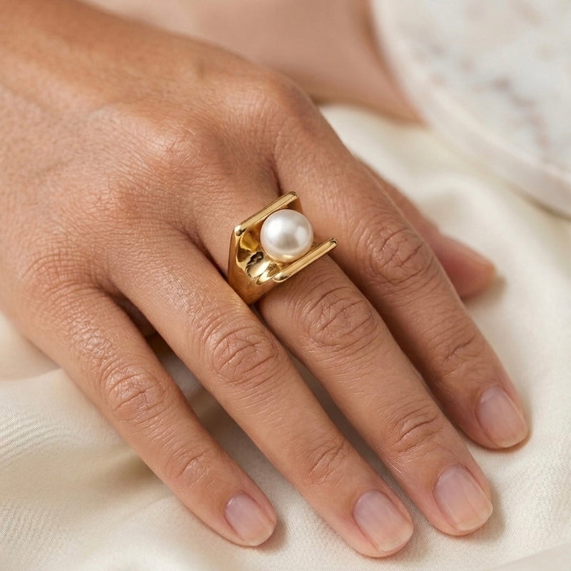 Golden Pearl Framed Stainless Steel Statement Ring