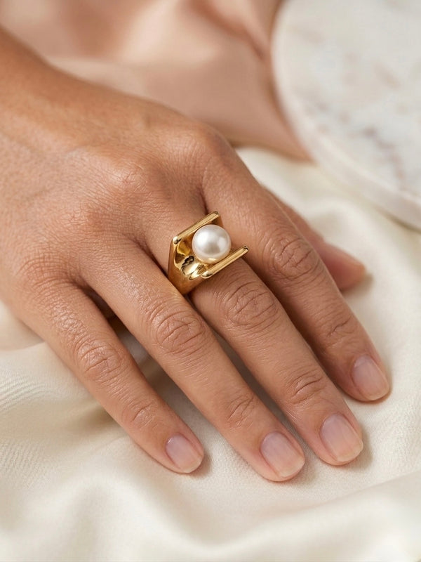 Golden Pearl Framed Stainless Steel Statement Ring