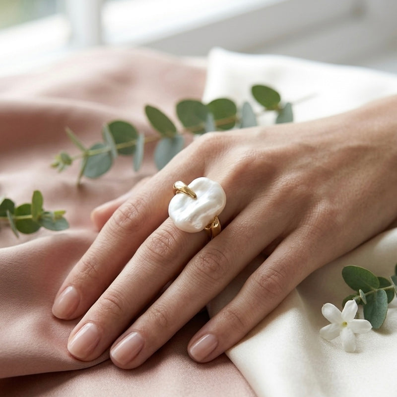 Golden Baroque Pearl Claw Stainless Steel Ring