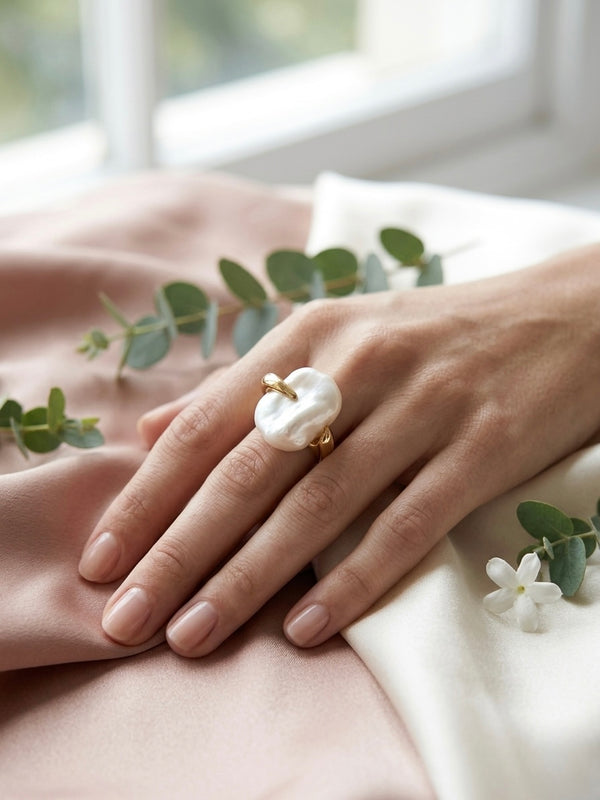 Golden Baroque Pearl Claw Stainless Steel Ring