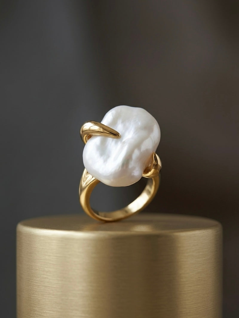 Golden Baroque Pearl Claw Stainless Steel Ring