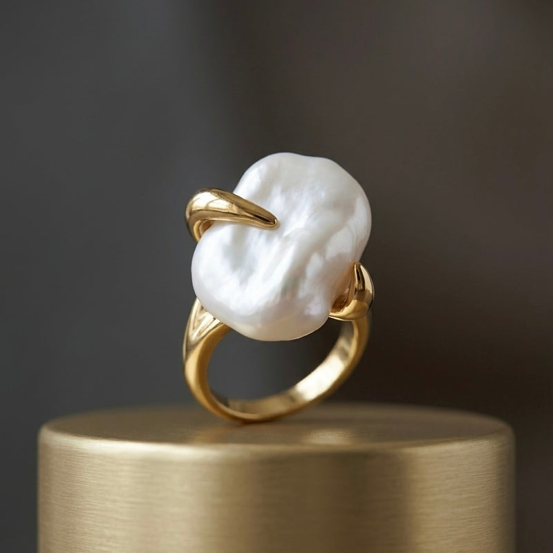 Golden Baroque Pearl Claw Stainless Steel Ring