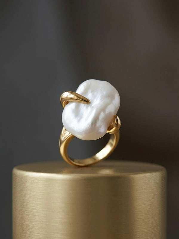Golden Baroque Pearl Claw Stainless Steel Ring