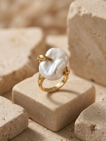 Golden Baroque Pearl Claw Stainless Steel Ring