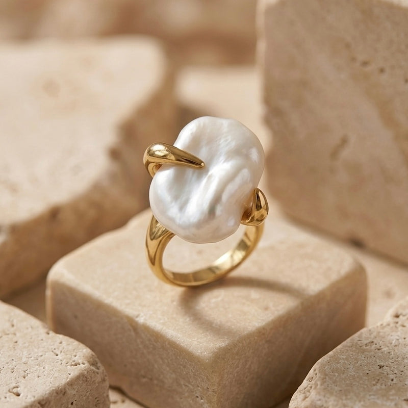 Golden Baroque Pearl Claw Stainless Steel Ring
