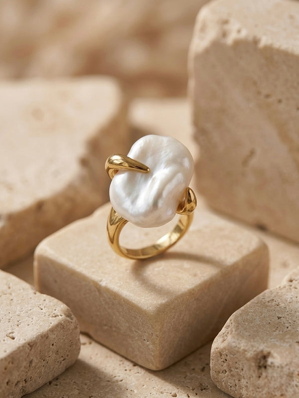 Golden Baroque Pearl Claw Stainless Steel Ring