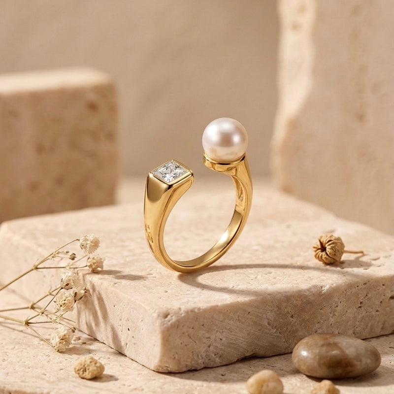 Golden Pearl & Princess Cut Stainless Steel Ring
