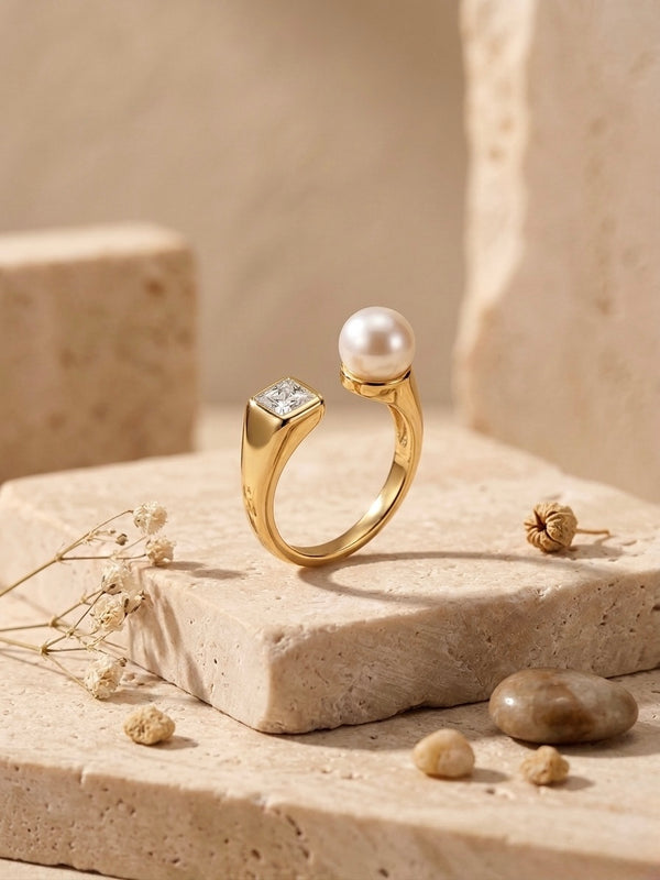 Golden Pearl & Princess Cut Stainless Steel Ring