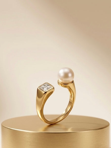 Golden Pearl & Princess Cut Stainless Steel Ring