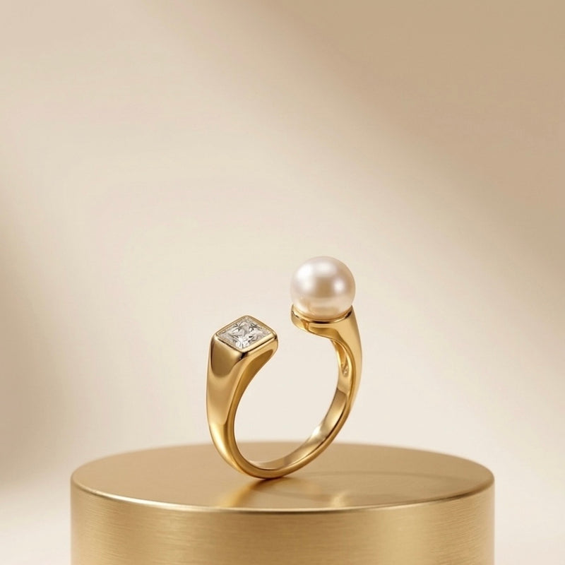 Golden Pearl & Princess Cut Stainless Steel Ring