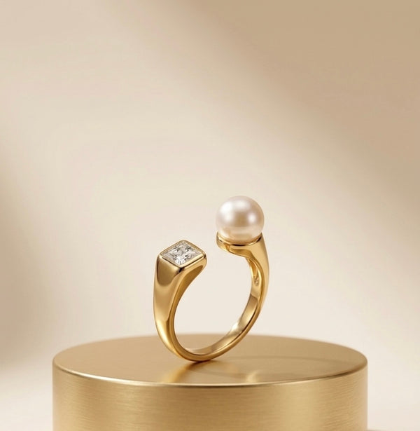 Golden Pearl & Princess Cut Stainless Steel Ring