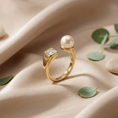 Golden Pearl & Princess Cut Stainless Steel Ring