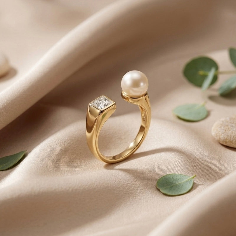 Golden Pearl & Princess Cut Stainless Steel Ring