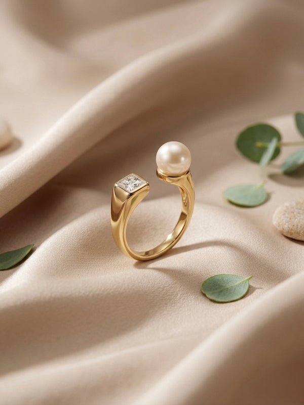Golden Pearl & Princess Cut Stainless Steel Ring