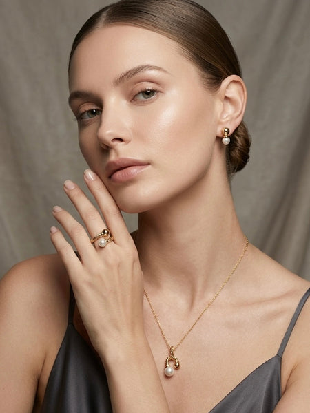 Golden Pearl & Princess Cut Stainless Steel Ring