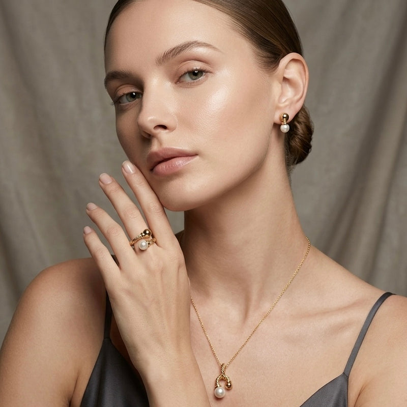 Golden Pearl & Princess Cut Stainless Steel Ring