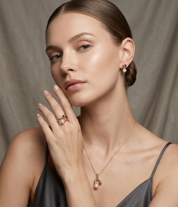 Golden Pearl & Princess Cut Stainless Steel Ring