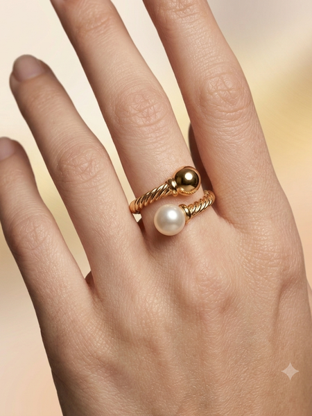 Golden Twisted Rope Pearl Stainless Steel Ring